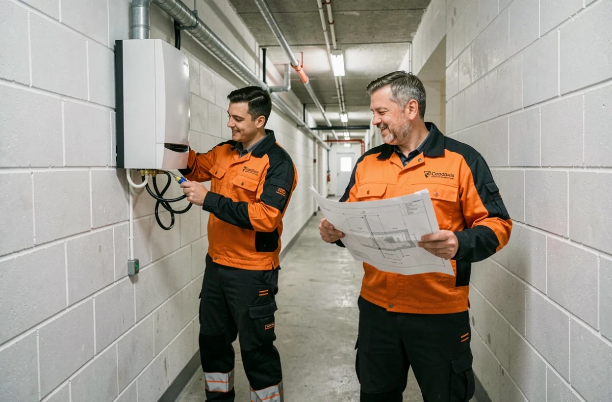 Deux techniciens ABC Clim installant une pompe à chaleur dans le couloir technique d'un immeuble en Seine-Saint-Denis