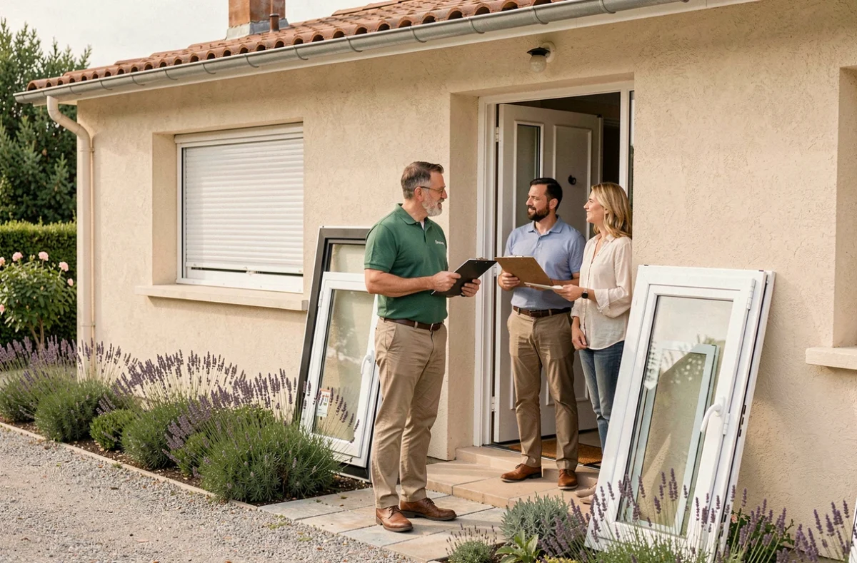 Conseiller d'Access Habitat discutant des options de remplacement de fenêtres avec des propriétaires devant une maison résidentielle près de Grasse