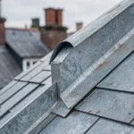 Détail d'un acrotère en zinc sur toiture en pente avec patine naturelle et finition mate