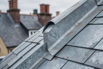 Détail d'un acrotère en zinc sur toiture en pente avec patine naturelle et finition mate