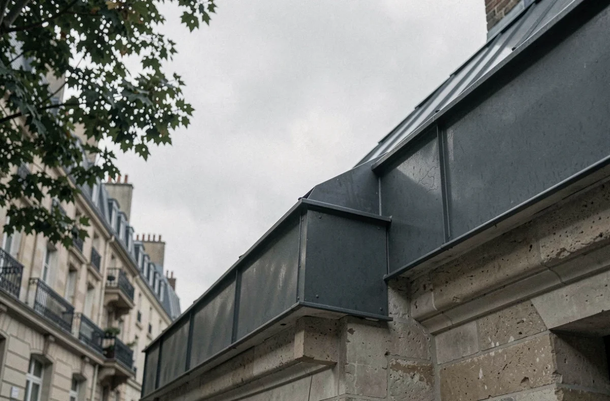 Vue depuis la rue d'un acrotère en zinc sur maison de ville à toiture basse pente