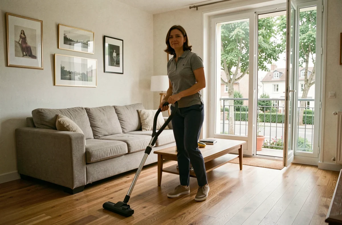 Aide-ménagère passant l'aspirateur dans un salon propre et bien rangé à Maisons-Alfort
