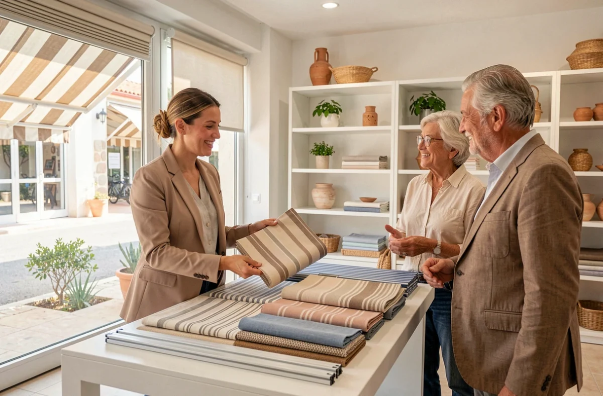 Conseillère d'Alizé Stores présentant des échantillons de stores et volets à un couple dans un showroom de la Côte d'Azur
