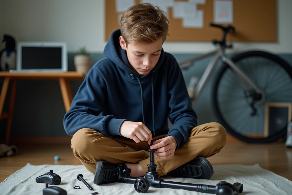 Adolescent dévissant à la main une petite vis de composant vélo dans sa chambre