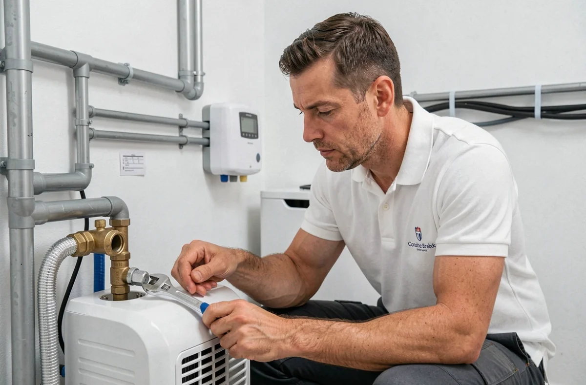 Technicien Aquaclim Service ajustant les connexions hydrauliques d'une pompe à chaleur dans une buanderie
