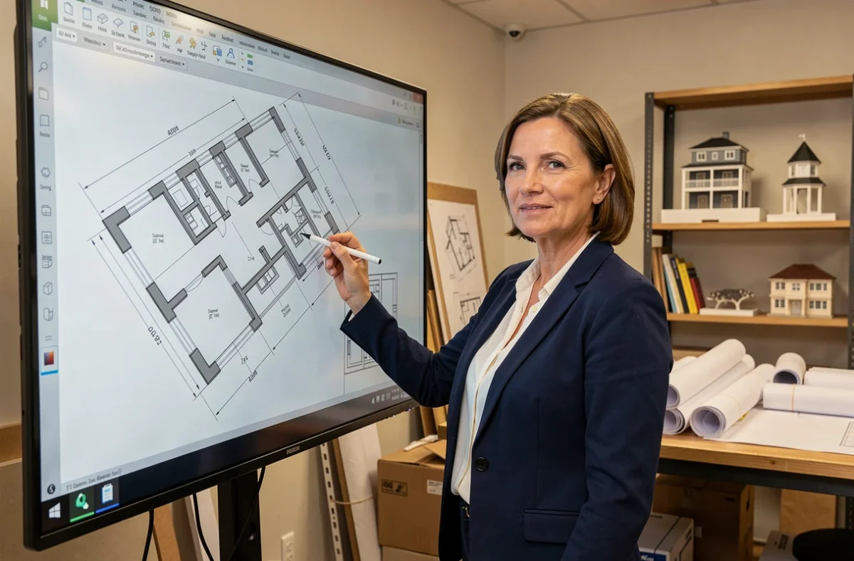 Architecte d'intérieur annotant un plan 3D sur écran tactile dans un studio professionnel