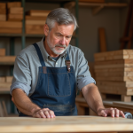 Artisan en atelier inspectant une table en chene massif