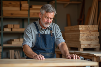 Artisan en atelier inspectant une table en chene massif