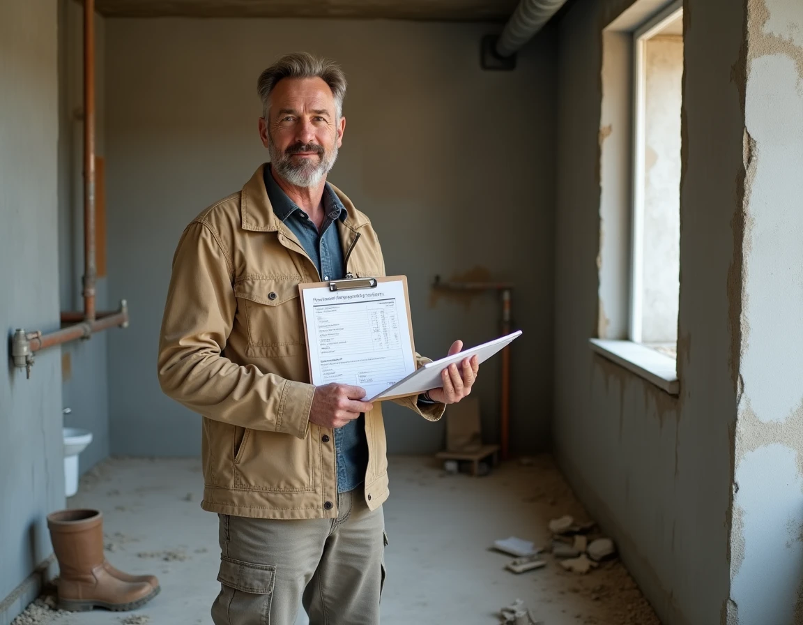 Artisan rénovateur tenant un devis manuscrit dans une salle de bain en chantier