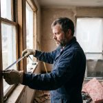 Artisan mesurant un encadrement de fenêtre lors de travaux de rénovation énergétique dans une maison