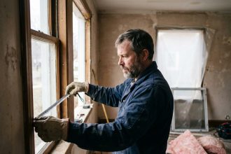 Artisan mesurant un encadrement de fenêtre lors de travaux de rénovation énergétique dans une maison