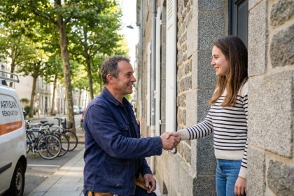 artisan rennais souriant devant une maison rénovée