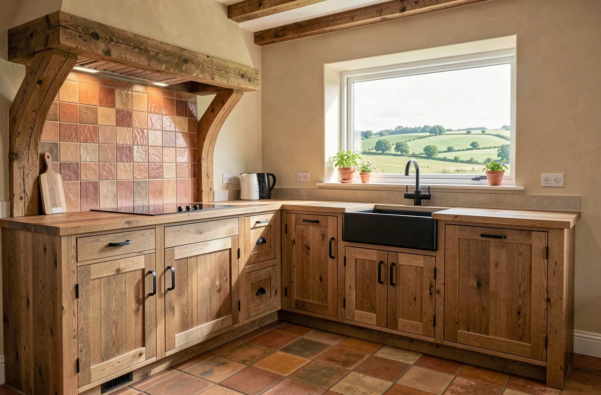 Cuisine rustique contemporaine en chêne vieilli avec vue sur campagne dans le showroom ASDB à Jallais