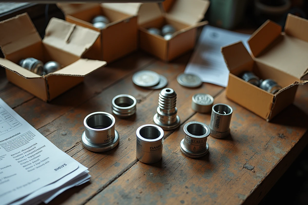 Assortiment de culots de petites ampoules E14 E27 et G9 posés sur un établi de quincaillerie avec emballages et fiches techniques
