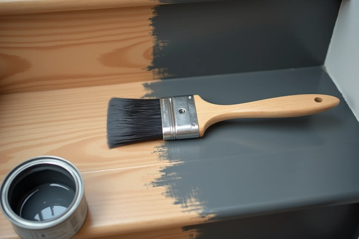 Gros plan sur une marche d'escalier en bois avant et après application d'une peinture ultra résistante sans ponçage