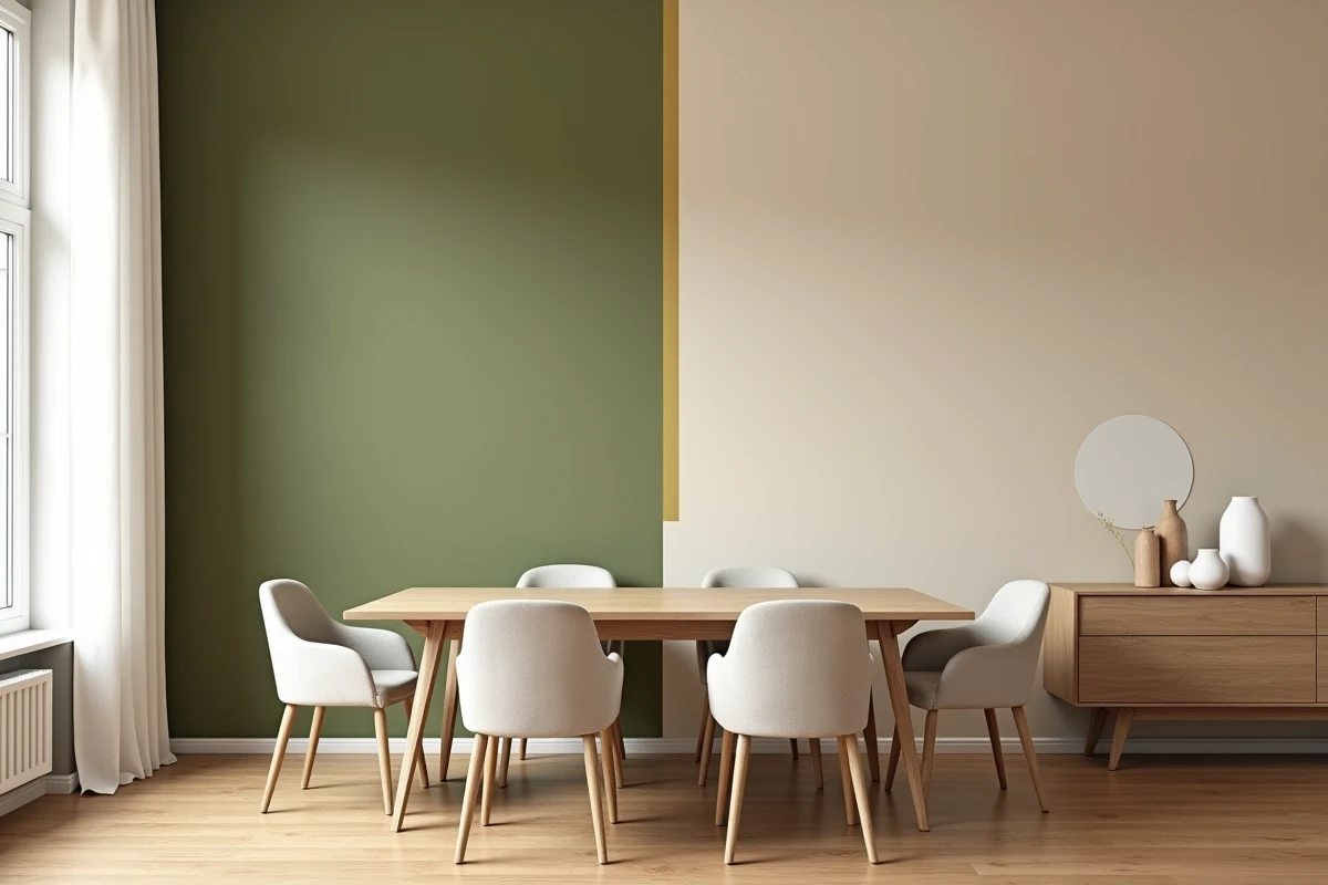 Salle à manger avec mur partiellement repeint montrant la comparaison entre une couleur trop saturée et une teinte neutre corrigée