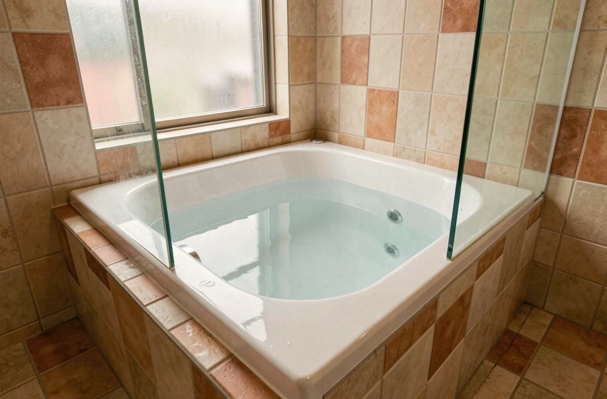 Baignoire japonaise ofuro encastrée dans une petite salle de bain compacte avec carrelage beige et terrazzo, solution gain de place