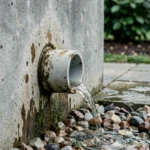 Gros plan sur une barbacane en PVC dans un mur de soutènement en béton avec écoulement d'eau sur lit de gravier