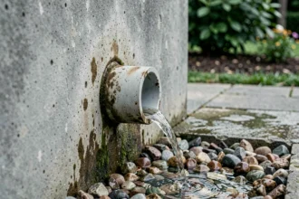 Gros plan sur une barbacane en PVC dans un mur de soutènement en béton avec écoulement d'eau sur lit de gravier