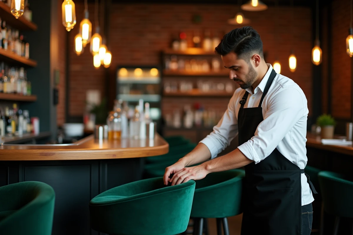 Barman installant une housse de tabouret en velours vert dans un bar au style industriel