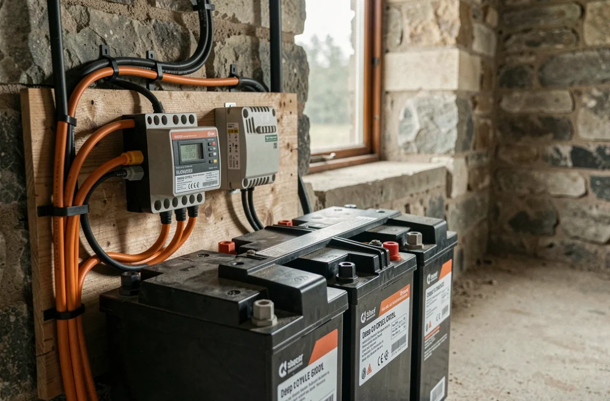 Batteries et onduleur d'un système photovoltaïque autonome installé dans un local technique en pierre