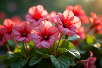 Begonias roses et rouges dans un jardin moderne ensoleille
