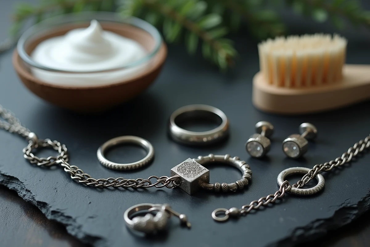 Bijoux en argent noircis posés sur une ardoise avec du dentifrice et une brosse à dents pour le nettoyage