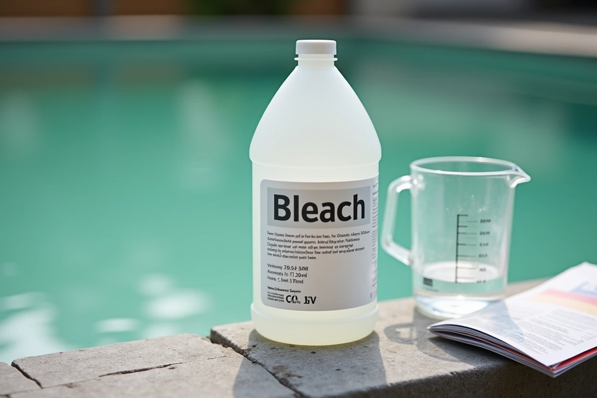 Bouteille d'eau de javel et verre doseur pour traitement d'une piscine 50m3 à l'eau verte posés sur le margelle