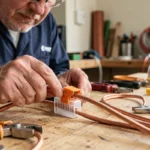 Électricien connectant deux fils de cuivre dans un connecteur Wago 2 fils sur un établi d'atelier électrique