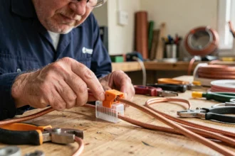 Électricien connectant deux fils de cuivre dans un connecteur Wago 2 fils sur un établi d'atelier électrique