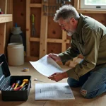 Homme bricoleur consultant une fiche pratique de travaux le week-end avec une boîte à outils ouverte sur le sol en bois