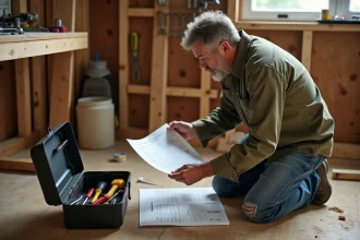 Homme bricoleur consultant une fiche pratique de travaux le week-end avec une boîte à outils ouverte sur le sol en bois