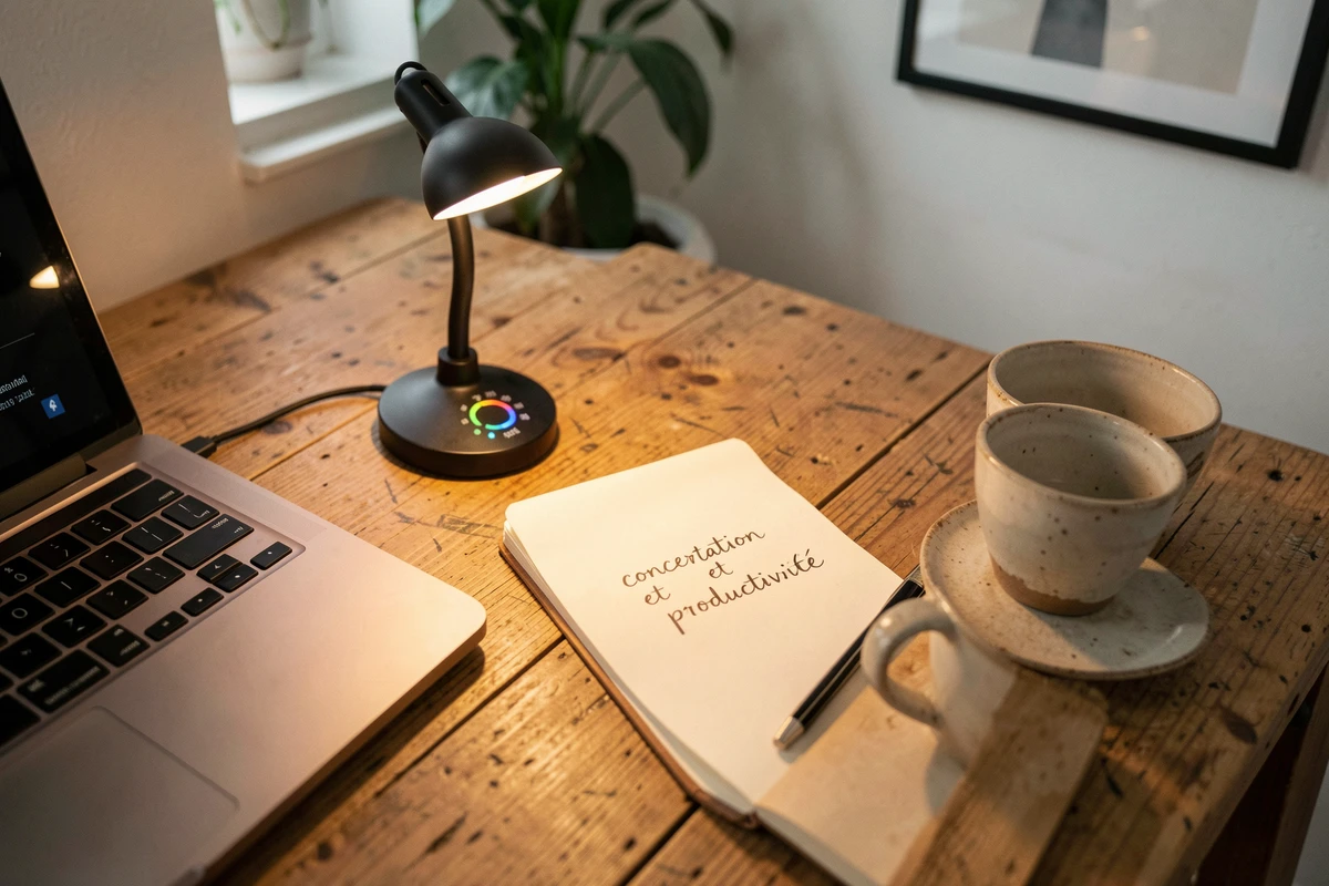 Gros plan d'un bureau de télétravail avec lampe à température de couleur réglable, carnet de notes et ordinateur portable