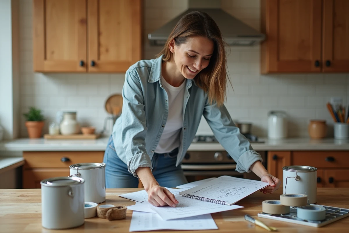 Propriétaire calculant le coût de peinture d'un plafond avec devis et matériaux posés sur une table