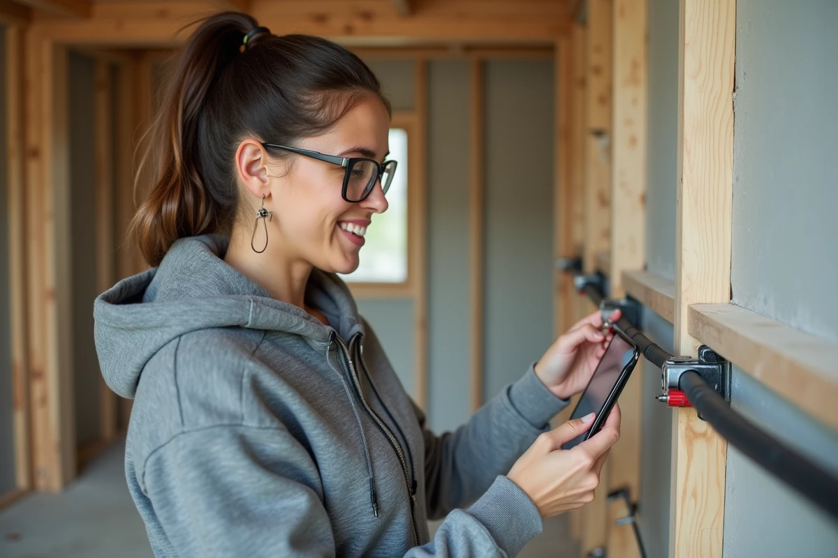 Femme évaluant la longueur d'un câble électrique dans une pièce en rénovation avec une application de calcul de section sur smartphone