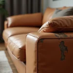Détail d'un canapé en cuir terni et asséché avec une tache visible sur l'accoudoir
