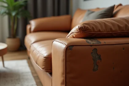 Détail d'un canapé en cuir terni et asséché avec une tache visible sur l'accoudoir