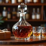 Carafe en cristal remplie de whisky ambré posée sur une surface en noyer avec des verres et un cadeau emballé, idéale pour un cadeau élégant