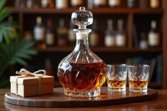 Carafe en cristal remplie de whisky ambré posée sur une surface en noyer avec des verres et un cadeau emballé, idéale pour un cadeau élégant