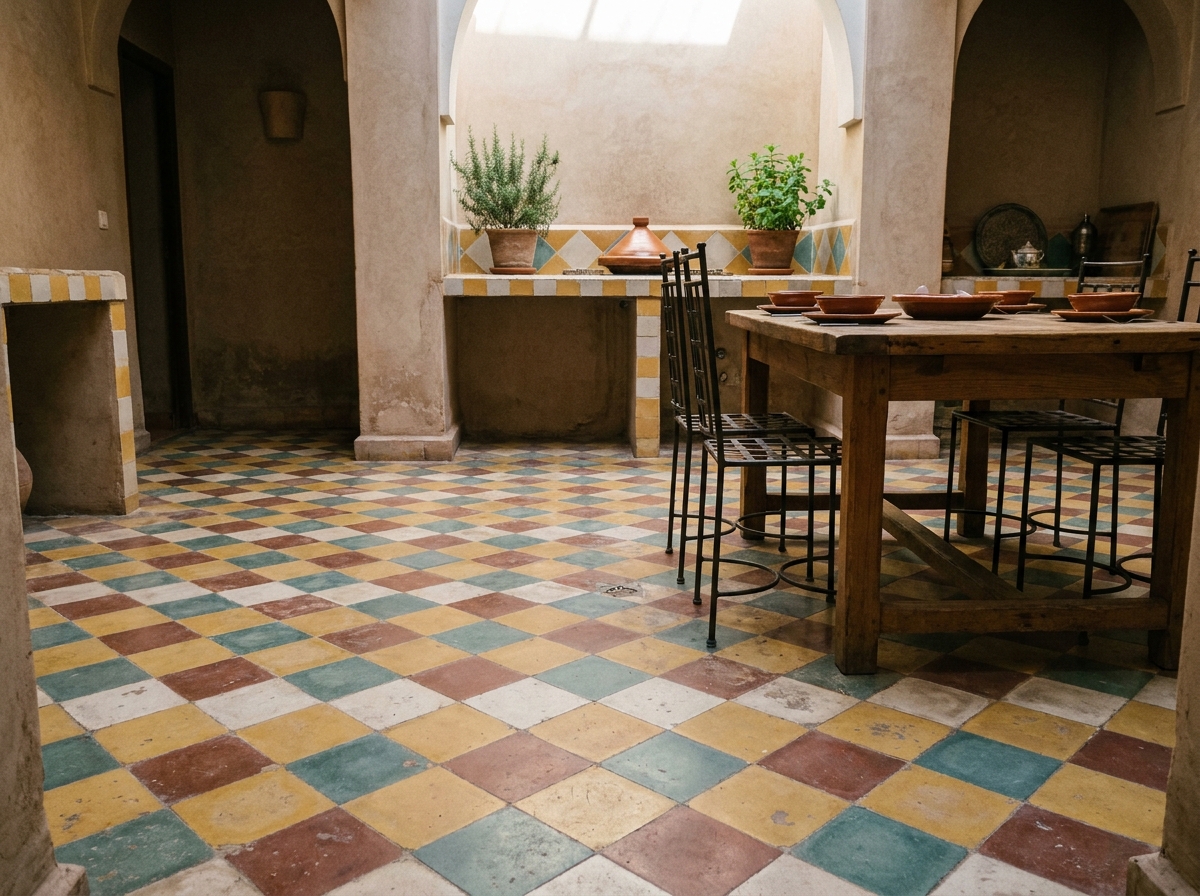 Cuisine de riad marocain avec carreaux de ciment encaustiques géométriques en jaune moutarde et bleu sarcelle dans une cour intérieure