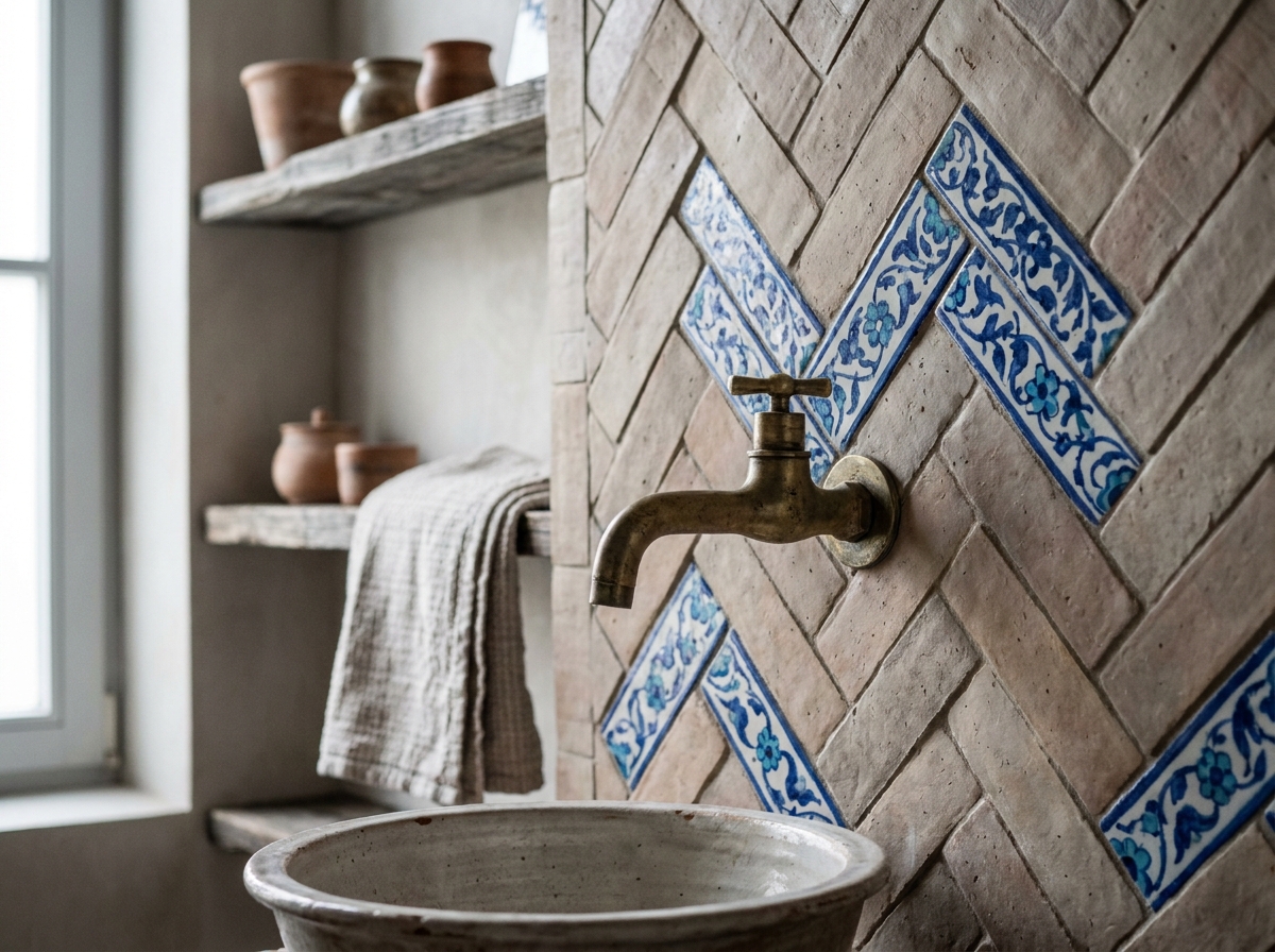 Salle de bain marocaine avec carrelage bejmat en terre cuite en chevrons et carreaux peints à motifs floraux arabesques