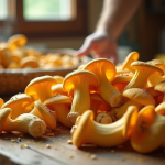 Champignons chanterelles fraîchement récoltés nettoyés sur une table en bois