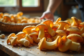 Champignons chanterelles fraîchement récoltés nettoyés sur une table en bois