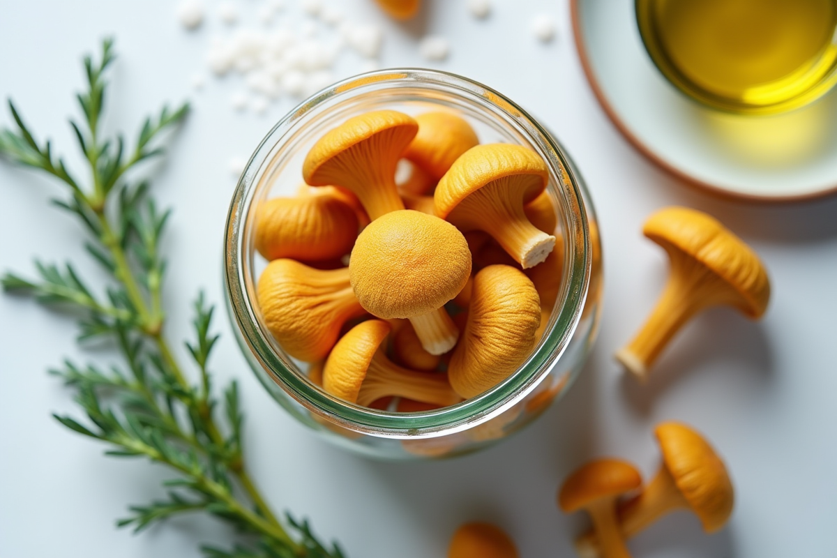 Chanterelles dans un bol avec herbes et huile d olive sur plan de travail lumineux