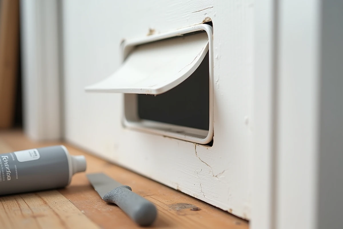 Chatière mal installée dans une porte PVC avec joints irréguliers et bord de découpe fissuré, erreur fréquente