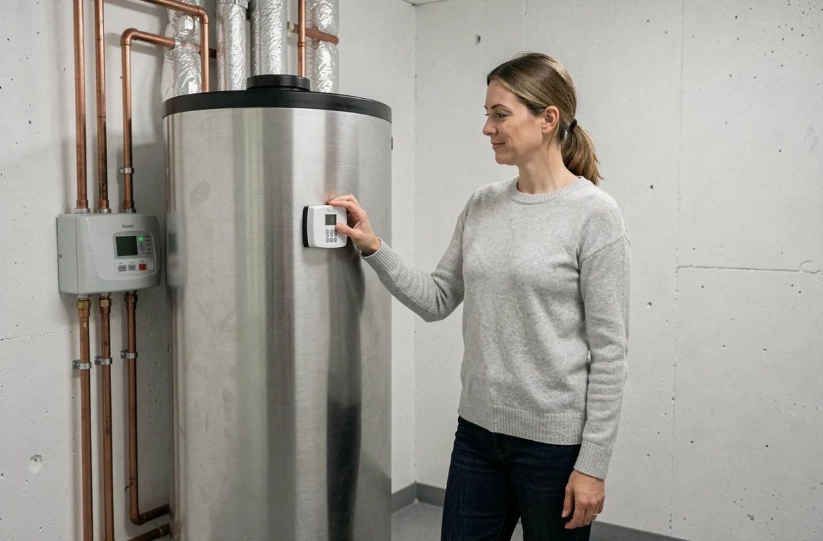Femme vérifiant le ballon de stockage d'un chauffe-eau solaire dans une chaufferie domestique