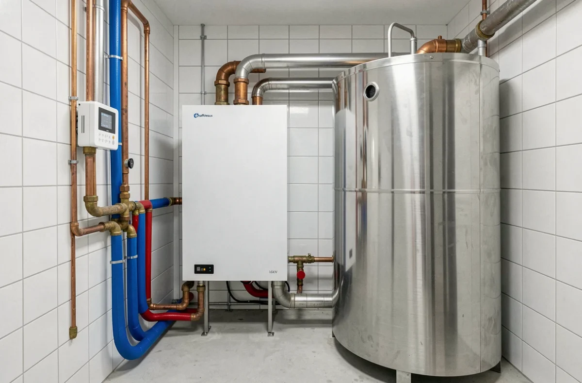 Chaufferie moderne avec pompe à chaleur Chaffoteaux 16kW connectée à un ballon tampon inox