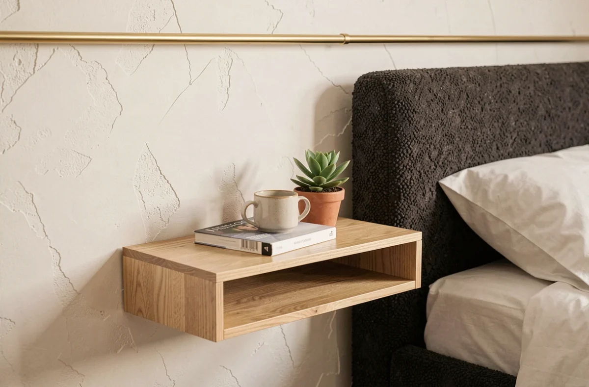 Chevet mural flottant en bois avec rangement minimaliste dans une suite parentale compacte