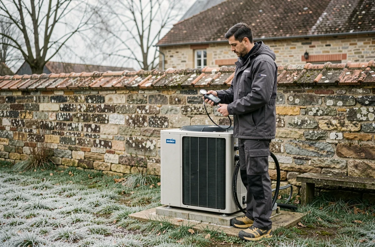 Technicien Climax Énergies effectuant un diagnostic sur une pompe à chaleur dans une ferme de Seine-et-Marne