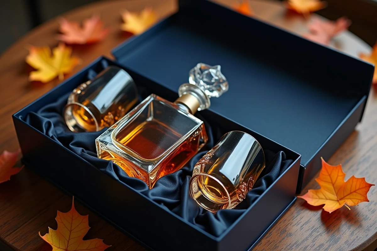 Coffret cadeau whisky ouvert avec carafe en cristal, verres assortis et carte de dégustation dans un écrin satiné bleu marine sur table en chêne
